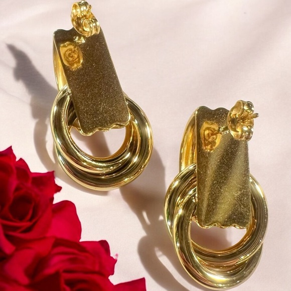 NEW Yellow Gold-Plated Stainless Steel Knotted & Looped Drop Earrings Celeb Fav - Picture 8 of 13